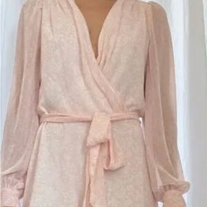 Express Light Blush Wrap Romper with Sheer Long Sleeves